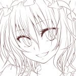  1girl flandre_scarlet lineart looking_at_viewer monochrome nora_wanko smile solo touhou 