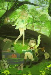  2girls absurdres ahoge alternate_costume animal_ears animal_hat arm_up bag bare_shoulders black_dress black_shoes black_socks blue_eyes book bow bowtie broken_heart brown_hair cat_girl cat_hat cat_tail commentary_request cup day dress evil_neuro-sama foliage food from_side fruit full_body hair_between_eyes hair_ornament hat heart heart_hair_ornament highres lamp long_hair long_sleeves multiple_girls neuro-sama open_book outdoors plate red_bow red_bowtie red_eyes shoes short_dress siblings sisters sitting socks squirrel_ears swarm_drone_(neuro-sama) tail thigh-highs tree twins two_side_up vedal_ai virtual_youtuber watermelon watermelon_slice white_dress white_thighhighs whitewarm wide_shot 