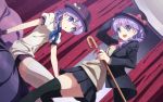  2girls :d :o black_legwear blazer blue_eyes cane coat curtains earrings gloves hand_on_hat hat highres jewelry ladymade_star looking_at_viewer looking_back multiple_girls open_mouth purple_hair school_uniform siblings side_ponytail sisters skirt smile thighhighs twins white_legwear yuuki_tatsuya zettai_ryouiki 