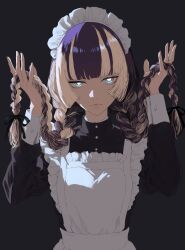 1girl apron aqua_eyes black_background black_hair blonde_hair braid breasts bright_pupils commentary_request expressionless highres holding_own_hair hololive hololive_dev_is juufuutei_raden karaage_sa9sa9 lips long_hair looking_at_viewer low_twin_braids maid maid_apron maid_headdress multicolored_hair nostrils simple_background small_breasts solo streaked_hair twin_braids two-tone_hair virtual_youtuber white_pupils 