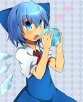  1girl ascot blue_eyes blue_hair cirno detached_wings heart hiraken_2012 holding ice ice_wings open_mouth solo touhou wings 