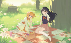  2girls absurdres ailu_elf apple ascot black_hair blonde_hair blue_eyes blue_sweater_vest bow bread bread_slice brown_eyes cake chinese_commentary collared_shirt commentary_request crossover day flower food fruit grapes grass hair_behind_ear hair_between_eyes hair_bow headdress highres holding_bread kneeling long_sleeves looking_at_viewer medium_hair missing_wings multiple_girls neckerchief omori open_mouth orange_(fruit) outdoors picnic picnic_basket picnic_blanket pinwheel red_bow red_neckerchief red_skirt shirt short_sleeves skirt smile socks sunny_(omori) sunny_milk sweater_vest touhou tree tree_stump white_flower white_shirt white_socks wide_sleeves yellow_ascot 