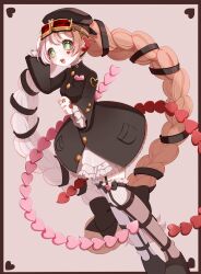  1girl 7753 blush braid brown_hair commentary_request frilled_skirt frilled_sleeves frills goggles green_eyes grey_background hat heart heart_background heart_print highres long_hair magical_girl mahou_shoujo_ikusei_keikaku mahou_shoujo_ikusei_keikaku_limited namekolovelove open_mouth pink_hair skirt thigh-highs twin_braids very_long_hair white_thighhighs 