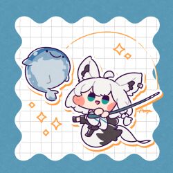  1girl :d ahoge ameya_(kappadoll) animal_ear_fluff animal_ears blue_border blush_stickers border chibi chibi_only commentary_request double-parted_bangs earclip fish fishing fishing_rod fox_ears fox_girl fox_tail full_body green_eyes grid_background holding holding_fishing_rod hololive long_hair open_mouth outside_border shirakami_fubuki smile solo sparkle standing standing_on_one_leg tail virtual_youtuber white_background white_hair 