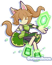  1boy androgynous animal_ears armor belt bike_shorts black_belt black_shorts blue_eyes breastplate brown_hair clenched_hand closed_mouth commentary_request faulds full_body gem green_armor green_gem green_shirt green_skirt hooves horse_boy horse_ears horse_tail long_hair male_focus official_style one_eye_closed open_hand outstretched_arm pauldrons perin_(puyopuyo) pimyuhuwa ponytail puyopuyo puyopuyo_quest shirt shorts shoulder_armor side_slit simple_background skirt smile solo tail twitter_username v-shaped_eyebrows white_background wristband 