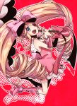  1girl blonde_hair boots bow dress drill_hair eyepatch hair_bow harime_nui hiyotooshi kill_la_kill long_hair pink_dress smile solo twin_drills twintails umbrella wrist_cuffs 