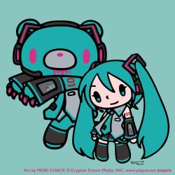  1boy 1girl animal_ears aqua_background aqua_eyes aqua_hair aqua_necktie aqua_theme aqua_trim bear bear_ears bear_paws black_sleeves commentary_request copyright_notice detached_sleeves gloomy_bear grey_shirt hatsune_miku headset itazuraguma_no_gloomy long_hair mori_chack necktie number_tattoo official_art shirt signature simple_background sleeveless sleeveless_shirt tattoo twintails very_long_hair vocaloid 