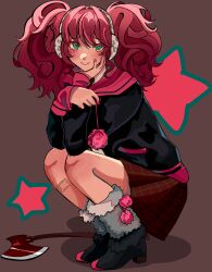  1girl axe bandaid bandaid_on_leg big_hair black_jacket black_shoes blush brown_background brown_skirt closed_mouth commentary earmuffs english_commentary eyelashes fingernails full_body fur_leg_warmers green_eyes grey_leg_warmers hand_on_own_face highres jacket kyokugen_dasshutsu kyokugen_dasshutsu:_9_jikan_9_nin_9_no_tobira leg_warmers long_hair long_sleeves looking_at_viewer nail_polish pom_pom_(clothes) red_hair red_nails rindousaur ringed_eyes shadow shoes simple_background skirt smile solo squatting star_(symbol) twintails yotsuba_(kyokugen_dasshutsu) 
