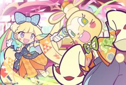  1girl 1other @_@ alternate_costume animal_ears balthasar_(puyopuyo) black_bow black_hakama blonde_hair blue_bow blue_hair bow buck_teeth commentary_request detached_sleeves egasumi facial_mark fang food food_on_head furry gloves green_eyes green_hair green_ribbon grey_eyes hair_bow hakama hakama_pants hakama_skirt hand_up holding holding_party_popper indoors japanese_clothes kagami_mochi kimono laun_(puyopuyo) layered_sleeves long_sleeves looking_at_viewer looking_back multicolored_hair neck_ribbon object_on_head official_style open_clothes open_mouth open_shirt orange_hakama orange_kimono orange_shirt orange_sleeves outstretched_arm pants party_popper pimyuhuwa print_bow puyopuyo puyopuyo_quest rabbit_ears red_hair ribbon sandals shirt short_over_long_sleeves short_sleeves skirt sleeveless sleeveless_kimono sleeves_past_fingers sleeves_past_wrists smile sparkle_print standing star-shaped_pupils star_(symbol) star_facial_mark streamers symbol-shaped_pupils teeth thigh-highs twitter_username whiskers white_gloves white_thighhighs yellow_shirt zouri 