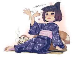  1girl afterimage animal_ears arm_support barefoot black_hair brown_eyes brown_hair commentary_request fanning_face fanning_self fox_ears fox_girl fox_tail full_body gradient_hair hand_up incense_burner japanese_clothes kayari_buta kimono kitsune kukuri_(mawaru) long_sleeves mawaru_(mawaru) multicolored_hair obi open_mouth original purple_kimono sash solo tail tatami translation_request watermark white_background wide_sleeves 