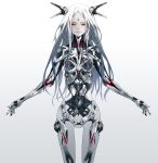 1girl android bodysuit highres long_hair looking_at_viewer original red_eyes redjuice simple_background skin_tight solo white_hair 