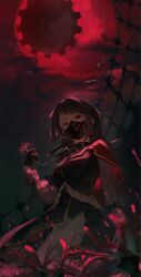  1girl ave_mujica_(bang_dream!) bang_dream! bang_dream!_it's_mygo!!!!! black_dress black_hair black_mask blue_eyes blurry breasts clouds cloudy_sky commentary cowboy_shot dark_background depth_of_field discharge_smp dress fantasy flower gears highres holding holding_flower looking_at_viewer mask medium_breasts moon mouth_mask overlighting red_flower red_light short_hair sky solo spider_lily swept_bangs untranslatable_commentary yahata_umiri 