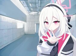  1girl :/ black_cardigan black_hairband blue_archive cardigan commentary hairband halo hand_up highres indoors jacket kei_(blue_archive) kei_(student)_(blue_archive) long_hair open_clothes open_jacket parody pink_eyes pink_halo pun solo twitter_username uttsu_(yumaviviane) v-shaped_eyebrows virtual_insanity_(song) white_hair white_jacket 