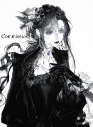  1girl absurdres blue_eyes character_request commission copyright_request dress frilled_hairband frills gloves greyscale hair_ornament hairband highres jewelry long_hair long_sleeves mihuashi_commission monochrome necklace nnnadaline original simple_background solo spot_color upper_body water white_background 