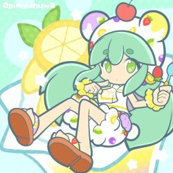  1girl animal_ear_headwear cherry closed_mouth commentary_request dot_mouth finger_to_mouth food food_print fruit fruit_print full_body green_eyes green_hair hat hat_with_ears holding holding_spoon lemon long_hair looking_at_viewer maia_(frozen_treat)_(puyopuyo) maia_(puyopuyo) neckerchief official_alternate_costume official_style pimyuhuwa print_headwear print_shorts puyopuyo puyopuyo_quest sailor_collar sandals scrunchie shirt short_eyebrows shorts sleeveless sleeveless_shirt solo spoon star_(symbol) twitter_username very_long_hair white_hat white_neckerchief white_sailor_collar white_shirt white_shorts wrist_scrunchie yellow_scrunchie 