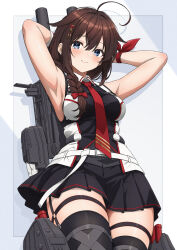  1girl arm_behind_head armpits arthur_ko bare_shoulders belt black_skirt blue_eyes blush braid braid_over_shoulder breasts brown_hair commentary_request hair_between_eyes hair_ornament hair_over_shoulder hairclip highres hip_focus kantai_collection long_hair medium_breasts miniskirt necktie o-ring o-ring_thigh_strap pleated_skirt red_necktie red_ribbon ribbon rigging shigure_(kancolle) shigure_kai_san_(kancolle) shirt single_braid skirt sleeveless sleeveless_shirt solo thigh-highs thigh_strap thighs white_belt wrist_ribbon 