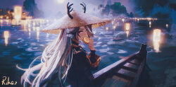  1girl absurdres animal_ears antlers arknights artist_name black_hair black_shirt canoe chromatic_aberration commentary_request conical_hat film_grain food hat highres holding holding_food horns horns_through_headwear lantern long_hair long_sleeves looking_at_viewer night outdoors qiubai_(arknights) red_eyes rice_hat rikaz sailing shirt signature solo water watermark 