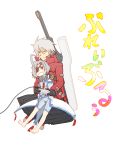  1girl ahoge blazblue bodysuit cape controller eyepatch game_controller heterochromia nu-13 ragna_the_bloodedge red_eyes silver_hair weapon 