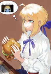  1girl absurdres ahoge artoria_pendragon_(fate) blonde_hair blue_ribbon braid burger eating english_text fate/stay_night fate_(series) fingernails food food_in_mouth food_on_face green_eyes hair_ribbon highres holding holding_burger holding_food long_sleeves neck_ribbon notepic photo_inset ribbon saber_(fate) shirt short_hair sitting solo speech_bubble table thought_bubble white_shirt 