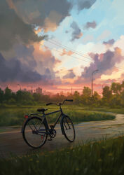  bicycle clouds cloudy_sky commentary english_commentary evening grass highres lamppost landscape max_asabin no_humans original outdoors power_lines road scenery sky skyline tree 