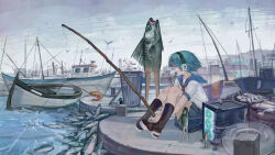  1girl absurdres animal bird black_socks blue_hair blue_sailor_collar blue_skirt boat chinese_commentary commentary_request computer computer_tower fish fishing headphones highres kneehighs luzhou_zzz neckerchief original outdoors overcast oxygen_mask red_eyes red_neckerchief sailor_collar scenery school_uniform seagull serafuku shirt short_hair shrimp sitting skirt sky socks watercraft white_shirt 
