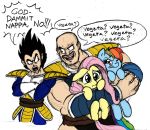  2boys 2girls angry black_hair crossed_arms crossover dragon_ball dragon_ball_z facial_hair fluttershy monkey_tail multiple_boys multiple_girls muscle mustache my_little_pony my_little_pony_friendship_is_magic nappa open_mouth pink_hair rainbow_dash rainbow_hair spiky_hair tail vegeta 