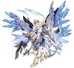  1girl absurdres armlet asymmetrical_dual_wielding blonde_hair blue_eyes breasts dress dual_wielding full_body gold_armlet haze/reverb helmet highres holding holding_polearm holding_sword holding_weapon jewelry lance large_breasts long_hair mechanical_legs mechanical_tail mechanical_wings mikael_(haze/reverb) official_art open_mouth pointy_ears polearm shirt short_dress sideboob sleeveless sleeveless_shirt solo sword tail weapon white_background white_dress wings zhu_fun 