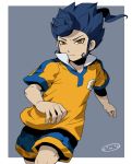  1boy blue_hair inazuma_eleven_(series) inazuma_eleven_go lightning_bolt male mizuhara_aki orange_eyes raimon soccer_uniform solo tsurugi_kyousuke 