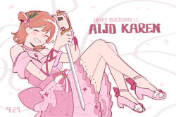  1girl ^_^ aijo_karen ankle_strap arm_ribbon arm_up back_bow bare_shoulders blush bow brown_hair character_name chinese_commentary closed_eyes closed_mouth commentary_request dated double-parted_bangs dress floating footwear_bow frilled_dress frills full_body gem grin hair_ribbon halter_dress halterneck hand_on_blade hand_up happy_birthday highres holding holding_sword holding_weapon jewelry knees_up laurel_crown leaning_back low_block_heels official_alternate_costume official_alternate_hairstyle one_side_up pendant pink_bow pink_dress pink_ribbon pink_shoes possibility_of_puberty_(sword) red_gem rei931218 ribbon shoes short_dress short_sleeves shoujo_kageki_revue_starlight smile solo strappy_heels striped_bow sword weapon white_background 