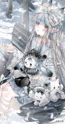  1girl absurdres animal animal_ears bench black_gloves black_hair blue_sailor_collar blue_skirt blue_streaks bow cat choker commission dress feet_out_of_frame fox_ears fox_girl frilled_choker frilled_dress frills gloves gradient_hair green_eyes hair_bow hair_ornament hand_up highres holding holding_animal holding_rabbit large_bow leg_ribbon leg_warmers lolita_fashion long_hair long_sleeves looking_up mihuashi_commission mihuashi_username multicolored_hair original outdoors parted_lips pointy_ears rabbit ribbon sailor_collar sidelocks single_glove sitting skirt skirt_under_dress snow solo streaked_hair teeth too_many_watermarks touxin_gui very_long_hair watermark white_bow white_choker white_leg_warmers wide_sleeves x_hair_ornament 