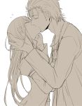  1boy 1girl 5-502 blush couple facial_hair hand_on_head jacket kiss labcoat long_hair makise_kurisu monochrome okabe_rintarou steins;gate stubble 