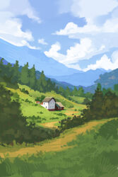  clouds cloudy_sky commentary day english_commentary flock highres house landscape max_asabin meadow mountainous_horizon no_humans original outdoors scenery simple_bird sky tree valley 