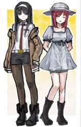  2girls arm_belt arms_behind_back black_hair black_pantyhose blue_dress blue_eyes blue_hat boots closed_eyes commentary cosplay dress dress_shirt full_body hairband hands_in_pockets hat jacket knees_together_feet_apart kohaku_(tsukihime) long_sleeves makise_kurisu makise_kurisu_(cosplay) multiple_girls necktie off_shoulder pantyhose pantyhose_under_shorts puffy_short_sleeves puffy_sleeves red_hair red_necktie science_adventure shiina_mayuri shiina_mayuri_(cosplay) shirt short_dress short_sleeves shorts smile standing steins;gate tohno_akiha tok8505_(erica) tsukihime white_hairband 