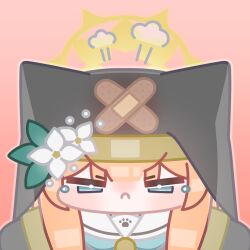  1girl animal_ears bandaid blue_archive blunt_bangs blush chibi closed_mouth coif commentary english_commentary flower frown glaring half-closed_eyes halo hat hat_flower horuhara mari_(blue_archive) no_nose nose_blush orange_hair paw_print pink_background puff_of_air solo v-shaped_eyebrows white_flower yellow_halo 