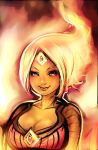  1girl adventure_time blonde_hair breasts cleavage eyelashes fire flame_princess forehead_jewel lips long_hair maniacpaint nose orange_skin red_eyes smile solo 