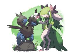  artist_request black_fur blue_fur claws covered_eyes fakemon faunazon flower flower_wreath furry grass green_eyes green_fur head_wreath multiple_heads open_mouth pink_nose pokemon pokemon_(creature) rock signature simple_background tail third-party_source transparent_background two-tone_fur white_flower zweilous 