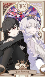  2girls absurdres artist_name avant_garde_(blue_archive) black_hair black_halo black_jacket black_skirt blue_archive card_(medium) commentary earclip elf english_text goanchor grey_hair grey_halo hair_ornament hair_tubes hairband halo highres himari_(blue_archive) hugging_own_legs id_card jacket long_hair mole mole_under_eye multicolored_halo multiple_girls pantyhose pointy_ears red_eyes red_halo rio_(blue_archive) roman_numeral sitting skirt sweater tarot tarot_(medium) the_hermit_(tarot) thigh_strap twitter_username two-tone_halo violet_eyes white_sweater 
