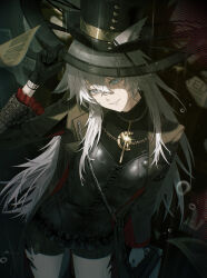  1girl absurdres ambience_synesthesia animal_ears annel arknights black_coat black_gloves black_hat black_romper black_shirt chain chromatic_aberration coat commentary cowboy_shot glint gloves gold_chain gold_jewelry grey_eyes grey_hair hair_between_eyes hair_ornament hairclip hand_on_headwear hat highres lapels lappland_(arknights) lappland_the_decadenza_(ambience_synesthesia_2025)_(arknights) lappland_the_decadenza_(arknights) long_hair long_sleeves looking_at_viewer material_growth multiple_hairclips official_alternate_costume open_clothes open_coat oripathy_lesion_(arknights) parallel_hairclips rain romper scar scar_on_face shirt solo standing turtleneck turtleneck_shirt wolf_ears wolf_girl 