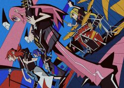  4girls absurdres ahoge arms_up bass_guitar black_shirt black_skirt blonde_hair blue_eyes blue_hair bocchi_the_rock! bow bowtie brown_eyes brown_pants closed_mouth colored_shadow commentary concentrating cymbals drum drum_set drumsticks dutch_angle electric_guitar film_grain flat_color from_below from_side gotoh_hitori grey_skirt guitar highres holding holding_drumsticks holding_instrument ijichi_nijika instrument kessoku_band kita_ikuyo layered_sleeves long_hair long_skirt long_sleeves looking_to_the_side microphone_stand multiple_girls nyr50ml one_side_up open_mouth pants pants_under_skirt pink_hair playing_instrument pleated_skirt profile red_bow red_bowtie red_hair shadow shirt shoes short_hair short_over_long_sleeves short_sleeves side_ponytail sitting skirt smile sneakers stage suspenders sweat t-shirt track_pants very_long_hair white_skirt yamada_ryo yellow_eyes 