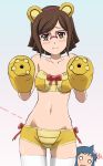  1boy 1girl animal_ears bare_shoulders bear_ears blush bow breasts brown_eyes brown_hair crop_top fake_animal_ears ginmaru glasses gloves gundam gundam_build_fighters highres iori_sei kousaka_china midriff navel o_o over-rim_glasses red-framed_glasses semi-rimless_glasses short_hair thighhighs wavy_mouth white_legwear 