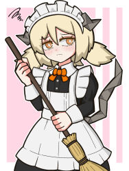 1girl alternate_costume apron arknights black_dress black_horns blonde_hair blush border broom commentary_request crystal_tail dress frown hair_between_eyes highres holding holding_broom horns ifrit_(arknights) maid_apron maid_headdress medium_hair neck_ribbon orange_eyes orange_ribbon outside_border pink_background ribbon sanguisrubigo solo tail white_border 
