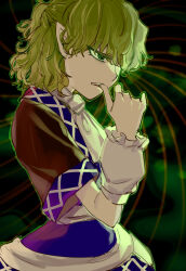  1girl absurdres arm_warmers biting blonde_hair blue_skirt blue_trim brown_shirt commentary_request cowboy_shot green_background green_eyes green_outline hair_over_one_eye hand_up highres medium_hair mizuhashi_parsee nail_biting namewanoketsu one-hour_drawing_challenge outline parted_lips pointy_ears scarf shirt short_sleeves skirt solo standing touhou white_scarf 