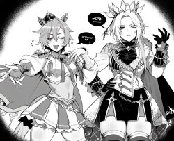  2girls :d absurdres animal_ears blush closed_eyes commentary crown english_commentary english_text fingerless_gloves gloves greyscale hand_on_own_hip highres horse_ears horse_girl horse_tail masoq medium_hair monochrome multiple_girls open_mouth orfevre_(control)_(umamusume) orfevre_(umamusume) short_hair skirt smile standing t.m._opera_o_(o_sole_suo!)_(umamusume) t.m._opera_o_(umamusume) tail thigh-highs thighs umamusume 
