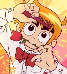  1boy alternate_costume black_eyes bow bowtie brushing_hair buttons collared_shirt comb commentary_request dated flower flower_in_mouth formal_clothes holding holding_comb long_sleeves looking_up male_focus mouth_hold official_style orange_hair portrait red_bow red_bowtie red_flower red_rose rose scott_pilgrim scott_pilgrim_(series) scott_pilgrim_takes_off shirt short_hair signature solo thick_eyebrows uluoe white_shirt 