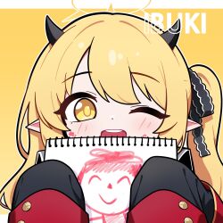  1girl absurdres black_horns black_ribbon blonde_hair blue_archive character_name commentary demon_girl doodle_sensei_(blue_archive) drawing_(object) hair_ribbon halo highres holding holding_sketchbook horns ibuki_(blue_archive) jorang_(jorang08) korean_commentary long_hair missing_headwear one_eye_closed open_mouth pointy_ears portrait ribbon sensei_(blue_archive) side_ponytail simple_background sketchbook sleeves_past_fingers sleeves_past_wrists small_horns smile solo straight-on yellow_background yellow_eyes yellow_halo 