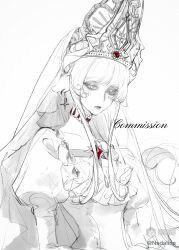  1girl absurdres animal_ears choker collarbone commission crown dress earrings gem greyscale highres jewelry juliet_sleeves long_hair long_sidelocks long_sleeves mihuashi_commission mole monochrome nnnadaline original puffy_sleeves red_gem sidelocks simple_background solo spot_color upper_body veil very_long_hair 