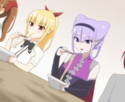 4girls black_bow black_bowtie black_hairband blonde_hair bow bowl bowtie cape chopsticks commentary_request cone_hair_bun crossover dress_shirt dutch_angle eating elbow_gloves fgod_7 food gloves hair_bow hair_bun hairband holding holding_bowl holding_chopsticks hugtto!_precure jacket koizumi_(ramen_daisuki_koizumi-san) lineup long_hair multiple_girls noodles open_mouth out_of_frame ponytail precure purple_hair purple_jacket ramen ramen_daisuki_koizumi-san red_bow ruru_amour shirt simple_background sitting sleeves_rolled_up table upper_body violet_eyes white_shirt 