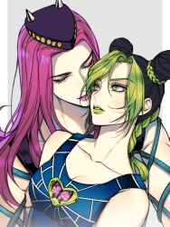  1boy 1girl animal_print black_hair braid braided_base bun_with_braided_base butterfly_print closed_eyes collarbone commentary_request cone_hair_bun double_bun eyelashes fishnets green_eyes green_hair green_lips hair_bun hat highres jojo_no_kimyou_na_bouken korean_commentary kujo_jolyne long_hair makeup multicolored_hair narciso_anasui pink_hair pink_lips purple_hat ranch_jjba stone_ocean two-tone_hair upper_body 