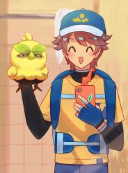  1boy :d ^_^ absurdres aquisces_arts baby_animal backpack bag baseball_cap bird black_bodysuit blue_bag blue_hat blush bodysuit bodysuit_under_clothes brown_hair browt cargo_shorts chick closed_eyes feathers hat highres holding holding_phone holding_pokemon layered_sleeves leaf long_sleeves male_protagonist_(pokemon_ww) mirror_selfie phone pokemon pokemon_(creature) pokemon_winds_and_waves rotom rotom_phone selfie shirt short_over_long_sleeves short_sleeves shorts smile yellow_feathers yellow_shirt 
