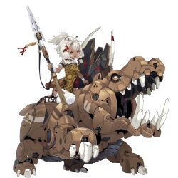 1girl absurdres animal_print bandaged_arm bandages character_request copyright_request dark-skinned_female dark_skin dress fang full_body gladiator_sandals highres hippopotamus holding holding_polearm holding_shield holding_weapon joints leopard_print looking_at_viewer non-humanoid_robot open_mouth polearm print_dress red_eyes riding riding_animal robot robot_animal robot_joints sandals shield short_dress short_eyebrows skin_fang sleeveless sleeveless_dress solo stirrup_legwear thigh-highs toeless_legwear weapon white_background white_hair white_thighhighs zhu_fun 